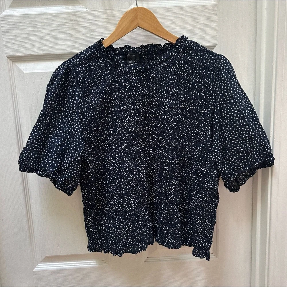 J. Crew Navy White Speckled Blouse Smocked top XL - Picture 1 of 11